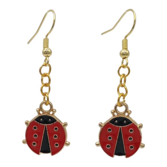 Cute Red Ladybug Dangle Earrings Dangly Bug Jewelry insect Lady Bug - Picture 1 of 4